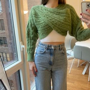 Cable Knit Crop Sweater in Green - S